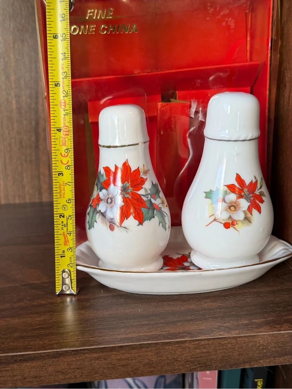 Fine Bone China salt and pepper shakers poinsettia and holly design